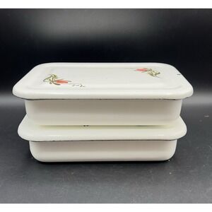 VTG White Floral Design Enamelware Refrigerator Box w/ Lid 7x5x2 Farmhouse
